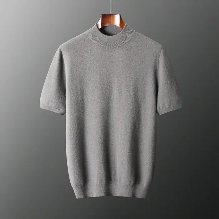 Pull à manches courtes en cachemire pur pour hommes, pull en tricot décontracté, ample, col semi-hau