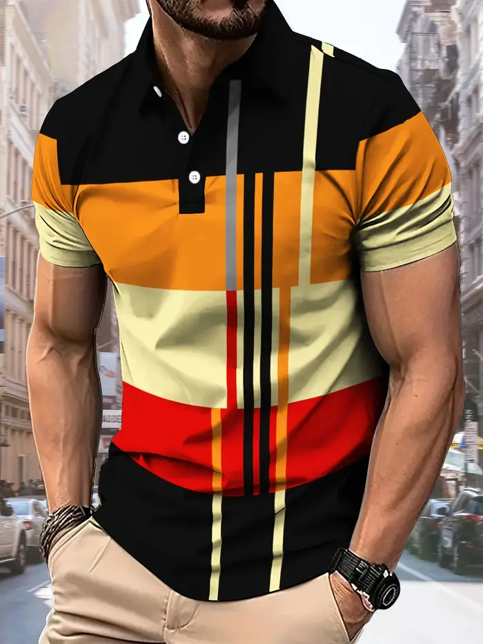La nouvelle chemise POLO pour hommes d'été 2025 présente une impression de motifs rayés 3D décontrac