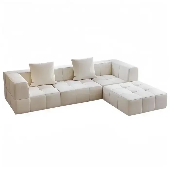 Canapé sectionnel modulaire en forme de L de couleur crème avec oreillers en peluche, canapé compres