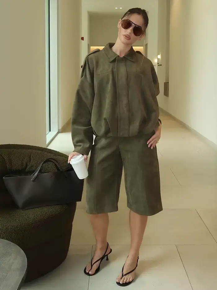 HH printemps femmes daim manteau pantalon ensembles revers fermeture éclair manches longues vestes S