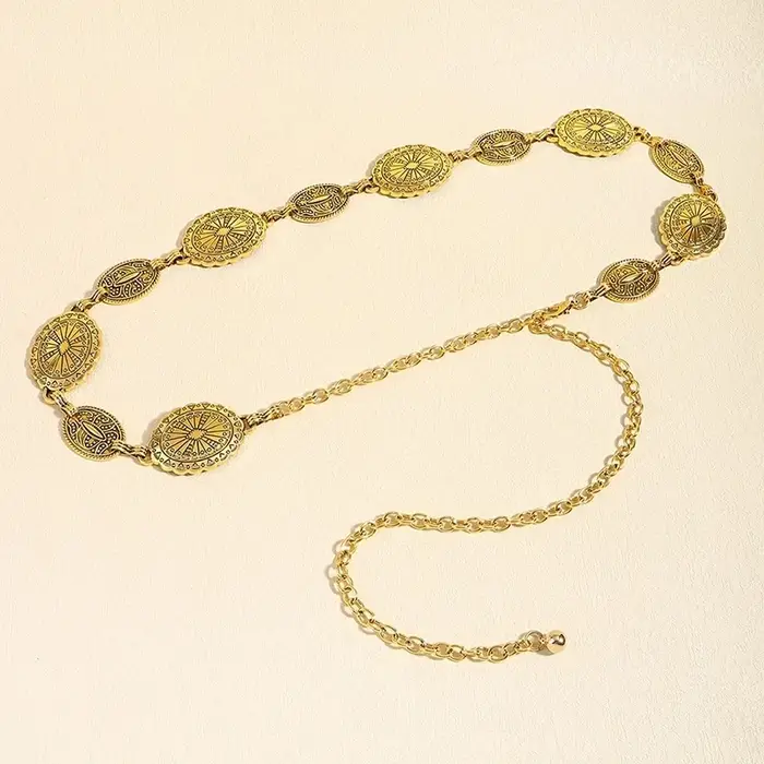 Chaîne de taille en métal pour femmes, accessoires de style rétro, cercle décoratif sculpté, ceintur