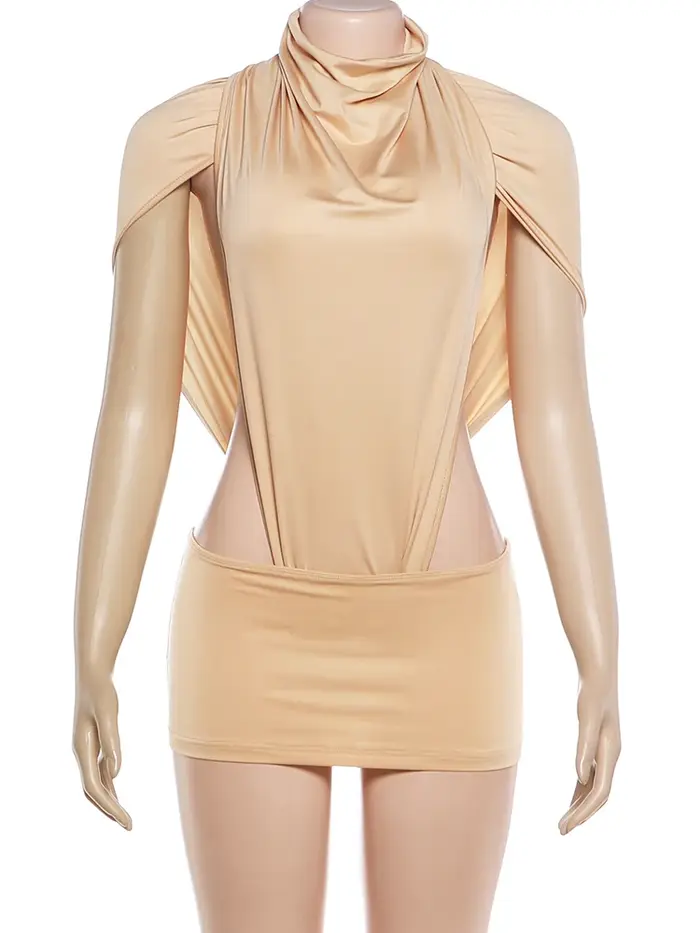 Ensemble 2 pièces sexy Kliou pour femme : Bodys froncés à col roulé et découpes latérales + Mini-jup