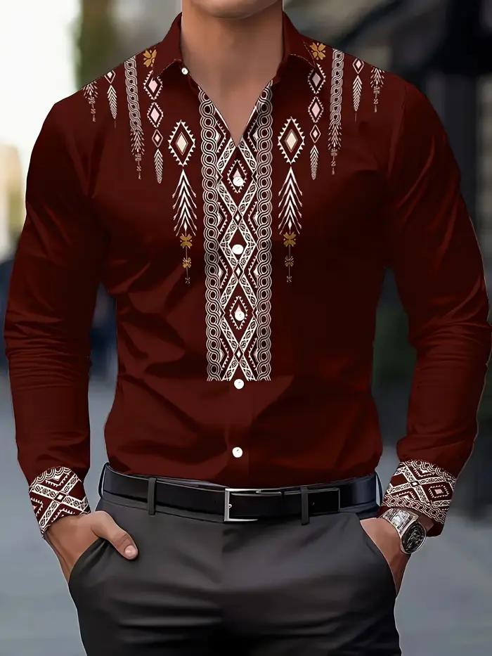Chemise décontractée à imprimé ethnique pour hommes – Boutonnée respirante à manches longues avec mo