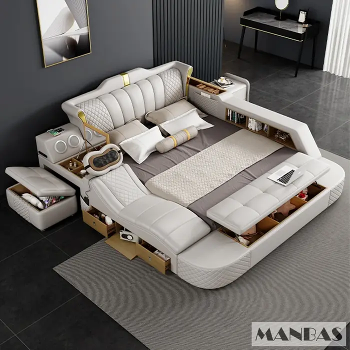 MINGDIBAO-Lit intelligent pour 2 personnes avec cadre King Size, lit Queen, cuir véritable, massage,