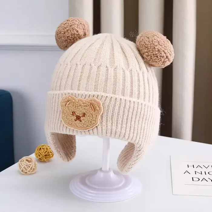 Chapeau en laine pour bébé, ours mignon, protection des oreilles, pour enfants, hiver, épais, chaud,
