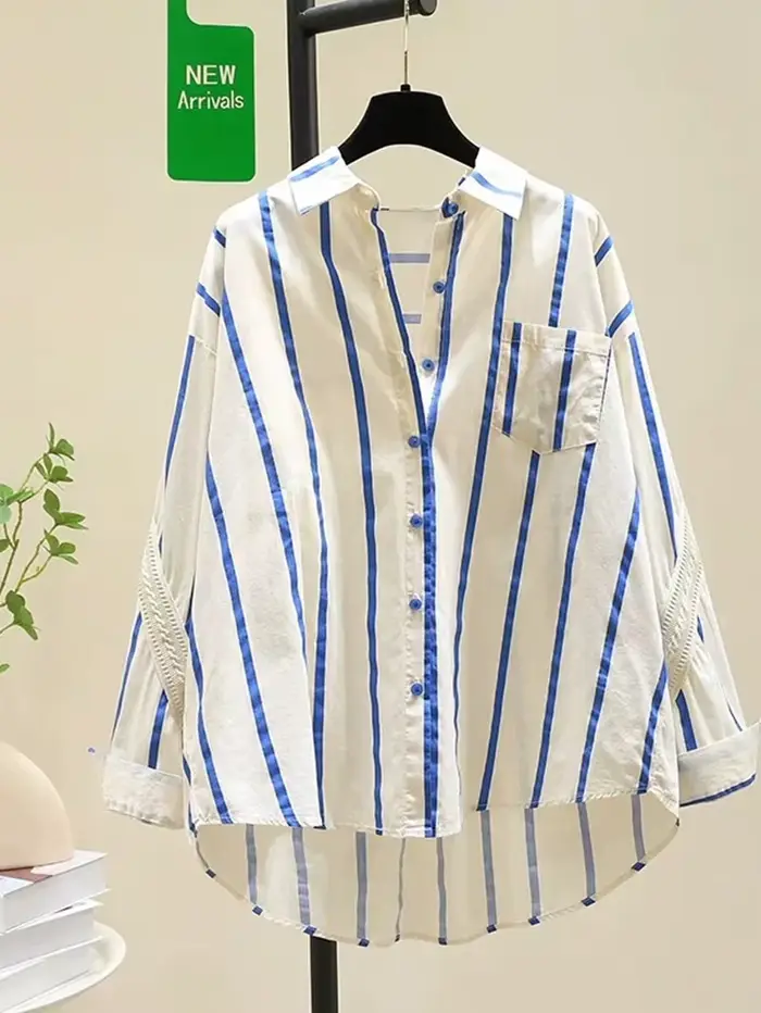 Chemise surdimensionnée à rayures bleues pour femmes, Design jeune, Patchwork, à la mode, début d'au