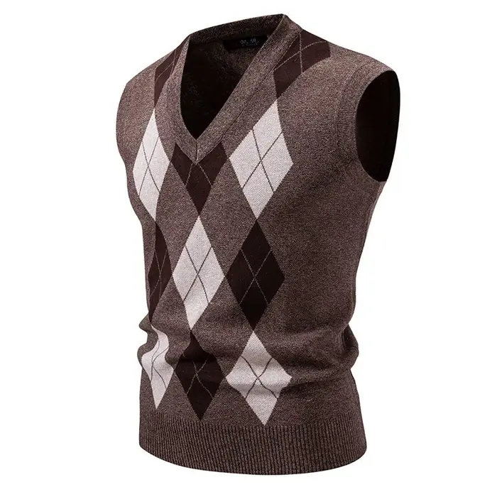 Nouveaux hommes Argyle tricots gilet col en V sans manches décontracté coupe ajustée pull tricoté pu