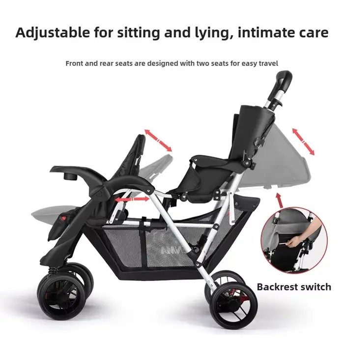 Poussette double légère pour bébé, peut s'asseoir ou s'allonger, siège avant et arrière pliable
