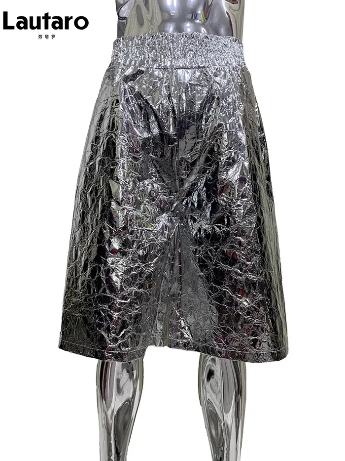 Lautaro été automne brillant argent Faux cuir Shorts pour hommes avec taille haute élastique Y2K Str