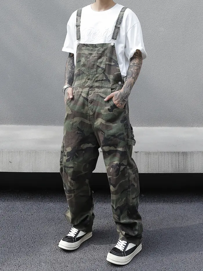 Salopette en jean imprimé camouflage multi-poches pour hommes – Coton, non élastique, lavable en mac
