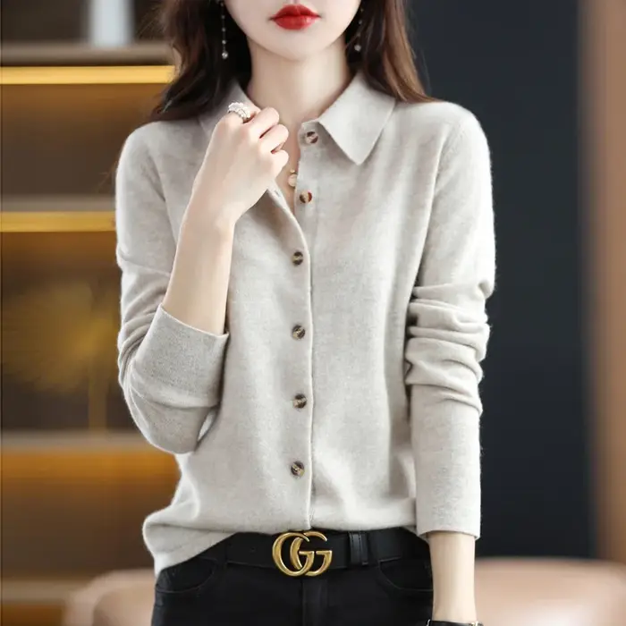 Cardigan tricoté à col POLO pour femmes, basique, polyvalent, veste en laine filée, élégant, pull à 