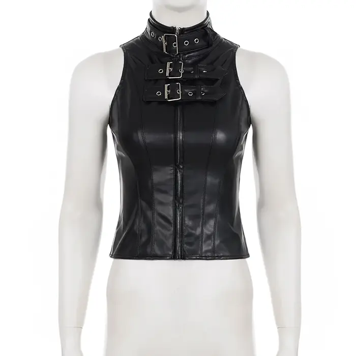 SUCHCUTE – gilet rétro Punk en cuir Pu pour femmes, avec couverture de manches, gothique, noir, sans