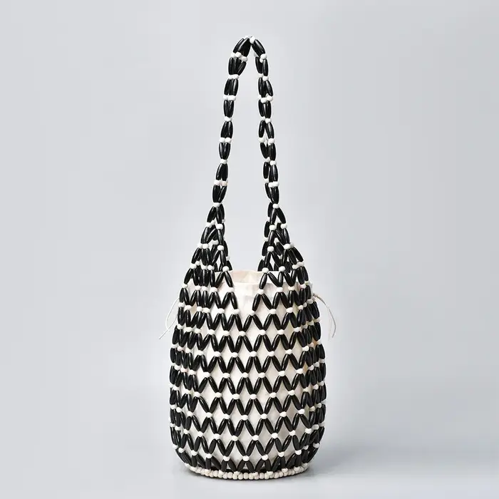 Sac à main tissé pour femmes, sac à perles en bois ajouré, sac seau à bandoulière, sac à main de pla