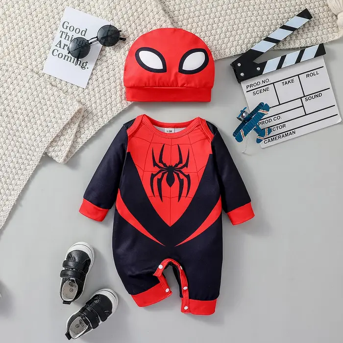 Combinaison Spider Cartoon à manches longues pour bébés garçons, nouveau style, mode cool, chapeau, 
