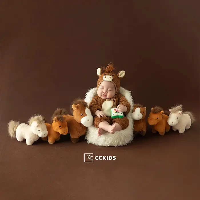 Accessoires de photographie nouveau-né sur le thème du cheval brun : Combinaison bébé + chapeau, pou