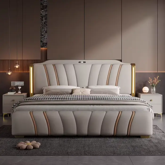 Lit Queen Size avec tête de lit esthétique multifonctionnelle pour rangement meuble de chambre à coucher舒适睡眠queen尺寸床