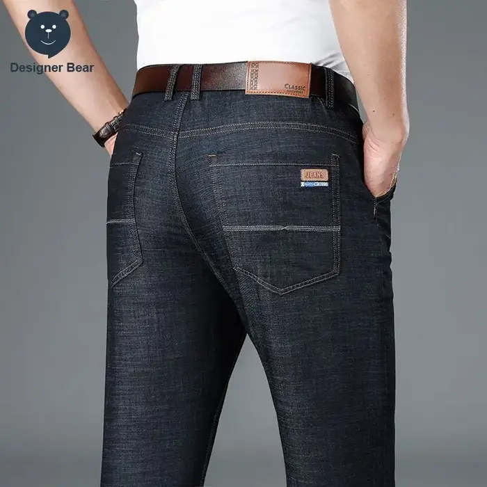 Jean Homme Été Fin en Coton Extensible Coupe Droite Décontracté Business avec Boutons et Poches