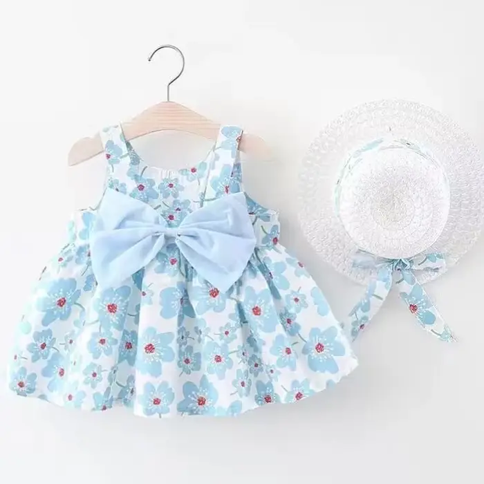 Vêtements d'été pour bébés de 0 à 3 ans, robe de princesse fleurie sans manches avec chapeau et nœud