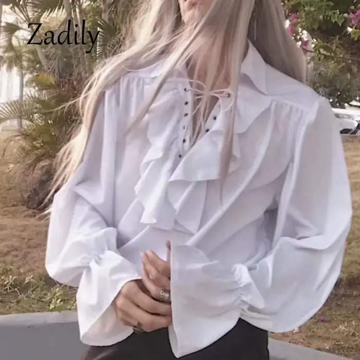 Chemisier gothique victorien pour femme ouji, chemise à volants et lacets, manches longues, style vi