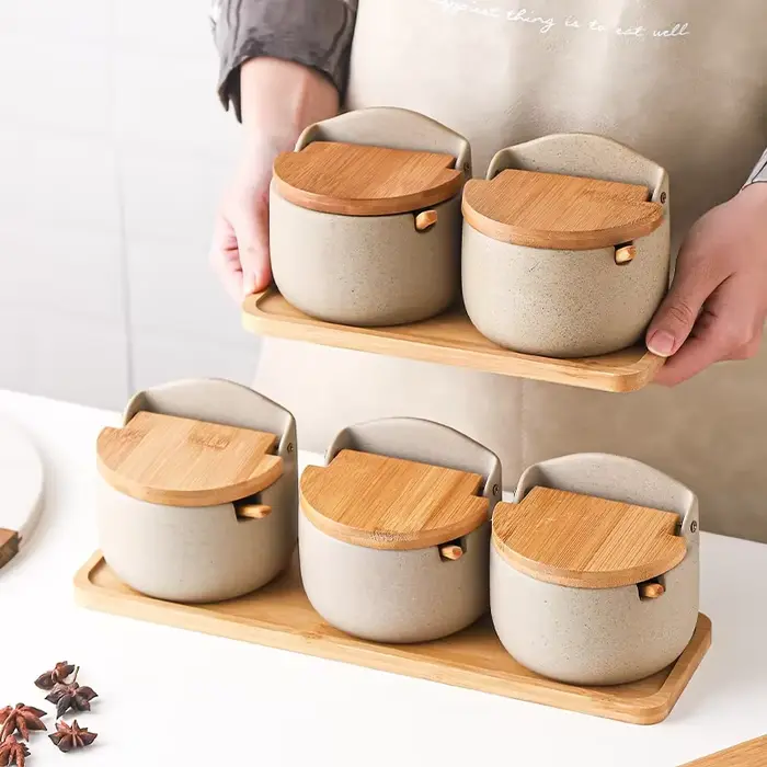 Pot d'assaisonnement en céramique de Style japonais, couvercle en bambou, pot à épices avec cuillère