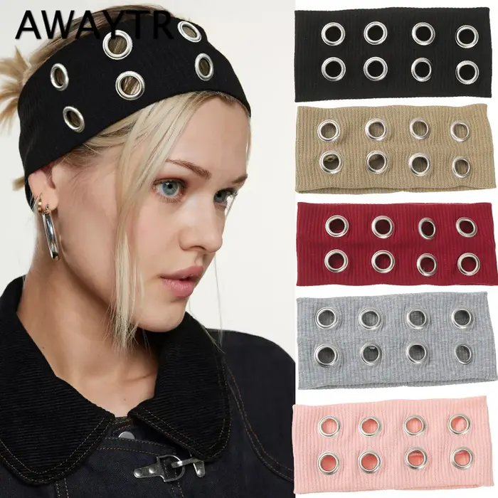 AWAYTR Punk fille tissu creux élastique bandeaux métal Rock personnalisé creux oeillets bandeau de c