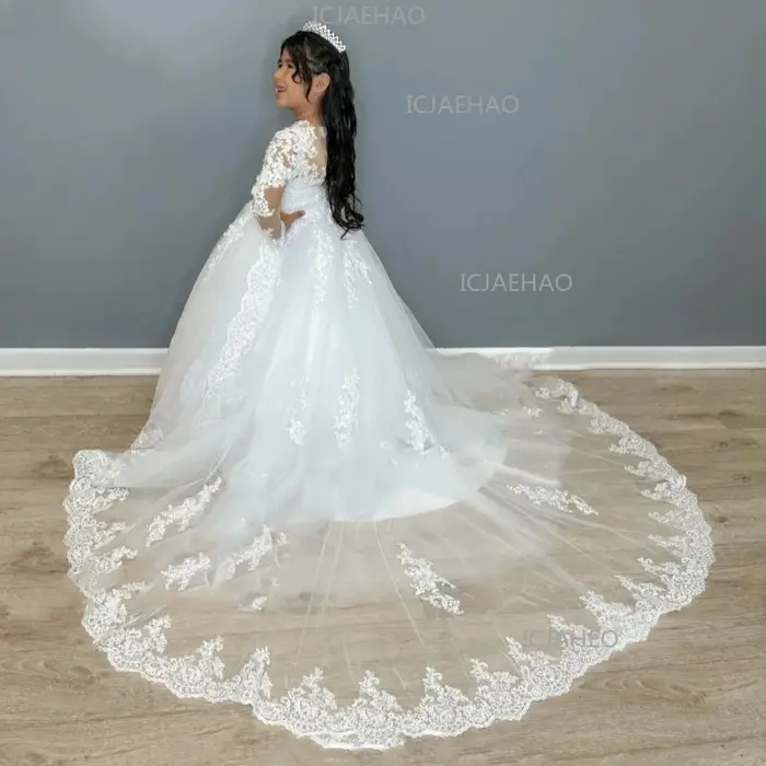 Robe de soirée blanche pour enfants 2026, style tutu à traîne, manches longues, pour spectacle, anni