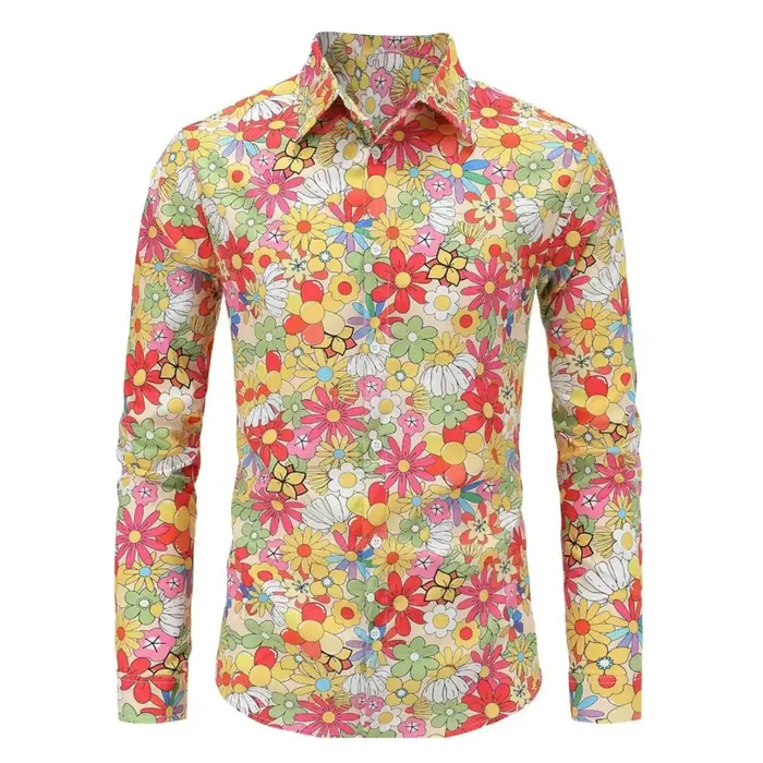 ​ Chemise Hippie d'été des années 70 pour hommes, haut décontracté à manches longues et boutons rétr
