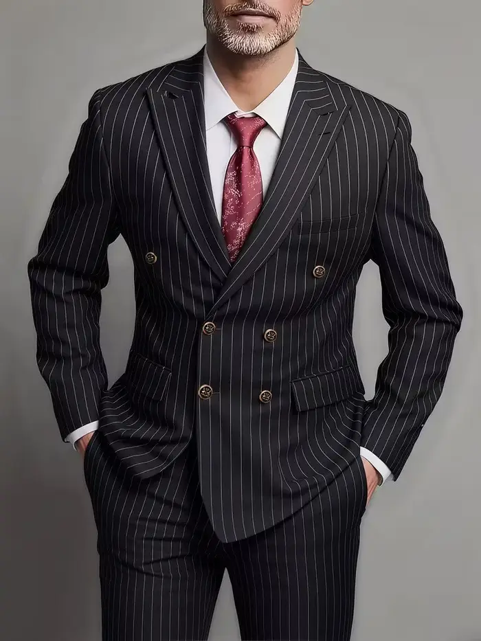Costume Homme Deux Pièces Croisé Tendance et Ajusté pour Mariage ou Tenue Décontractée en Tissu Rayé