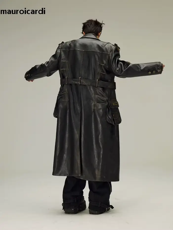 Mauroicardi-Manteau Long en Cuir Pu Noir pour Homme, Ceinture Double Boutonnage, Luxe, Mode Européen