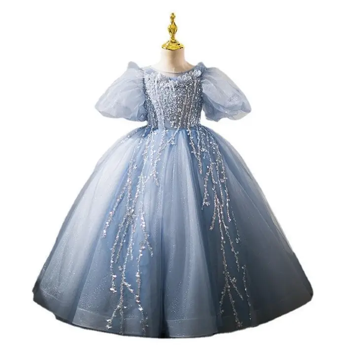 Robes de piano élégantes pour filles, manches bouffantes à paillettes de luxe, défilé pour enfants, 