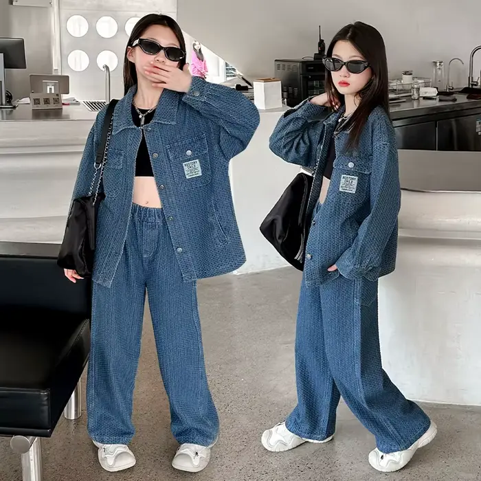 Ensemble veste et pantalon jacquard en denim pour filles, 2 pièces, design, jeans à jambes larges, c