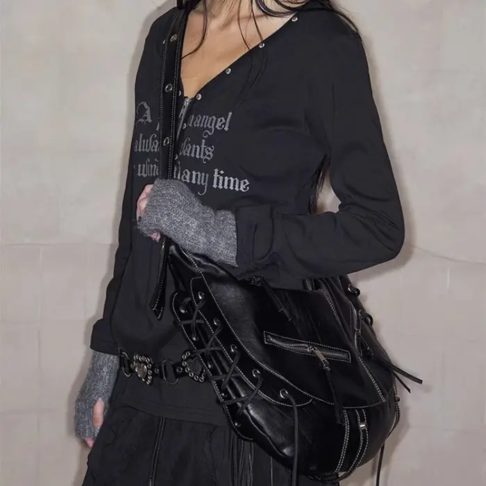 Sac à bandoulière de style Punk avec sangles multi-trous, sac de moto Cool, fourre-tout souple décon