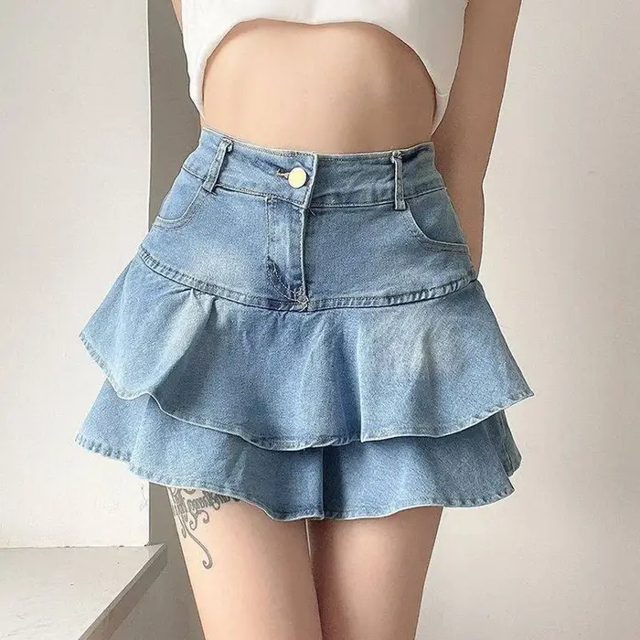 Vintage Denim jupe Shorts femmes été mode coréenne taille haute a-ligne lavage bleu mince mignon Sex