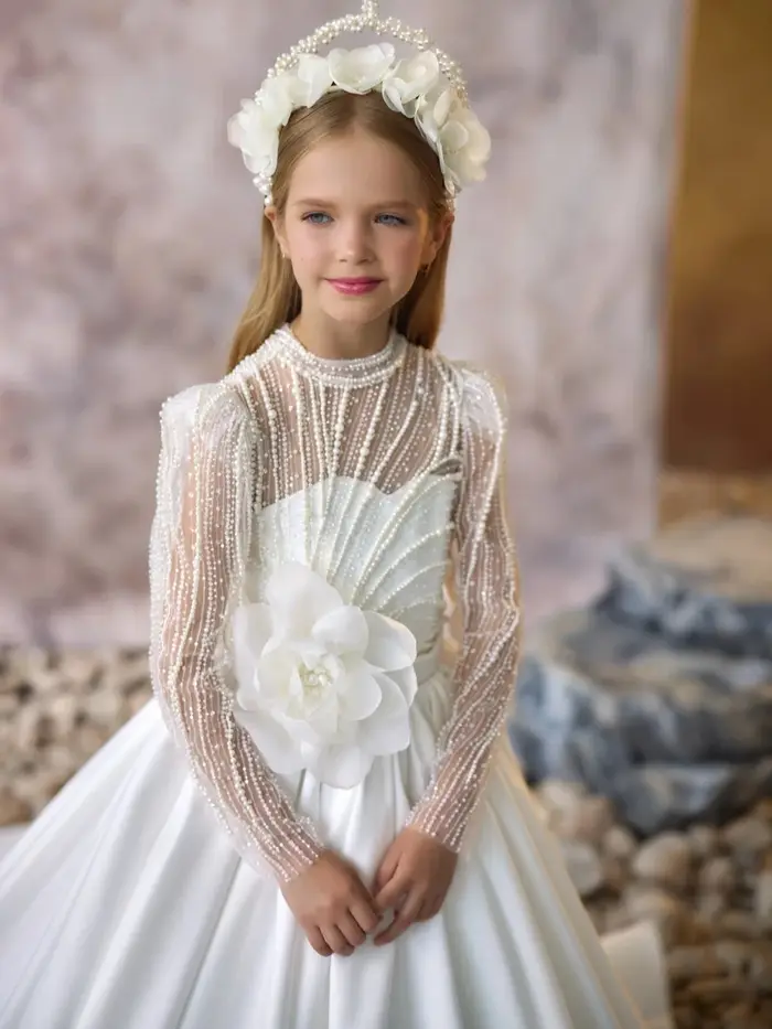 Robe de princesse longue en Satin pour filles, tenue de princesse à paillettes et perles, avec fleur