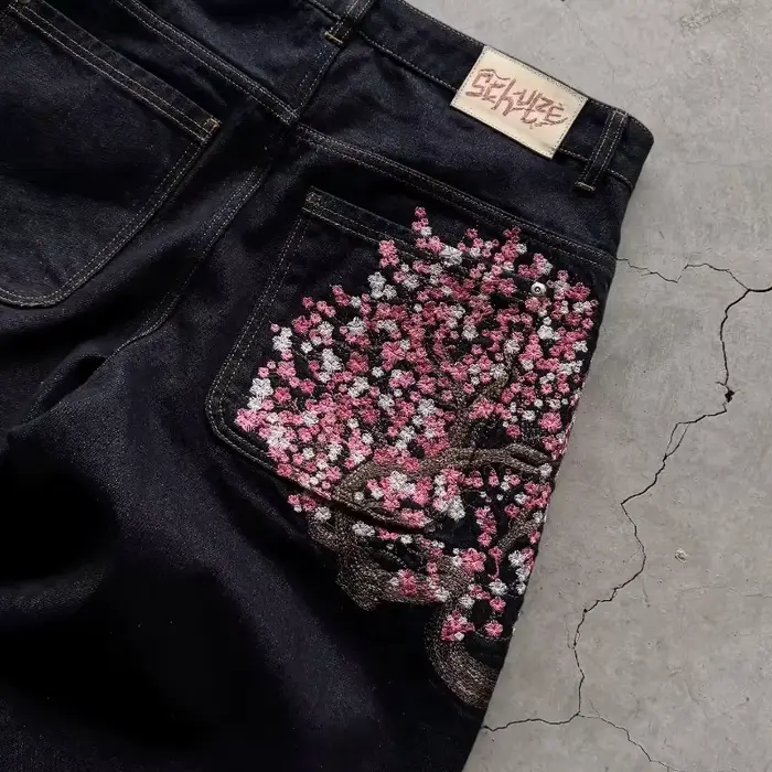 Y2K Baggy jeans fleur de cerisier lisière broderie Denim pantalon hommes femmes