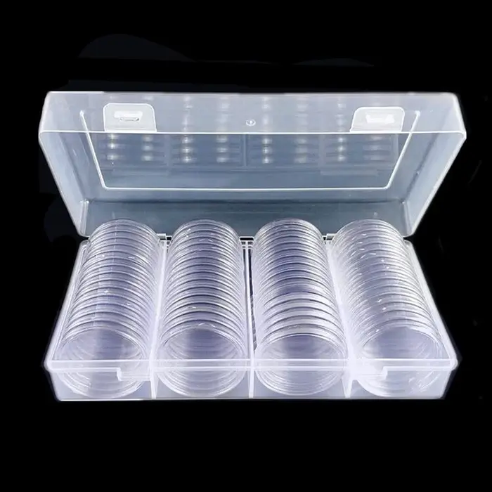 Boîte de rangement de pièces de monnaie 40mm, conteneur rond transparent en plastique pour capsules 