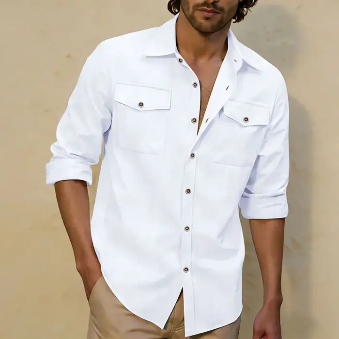 Nouvelle Chemise Décontractée Homme 2026 à Manches Longues avec Double Poche Poitrine