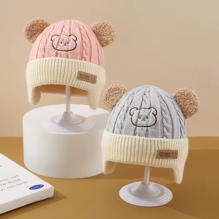 Chapeau de bébé ours mignon, Protection des oreilles, pour enfants, hiver, épais, chaud, tricoté, Ve