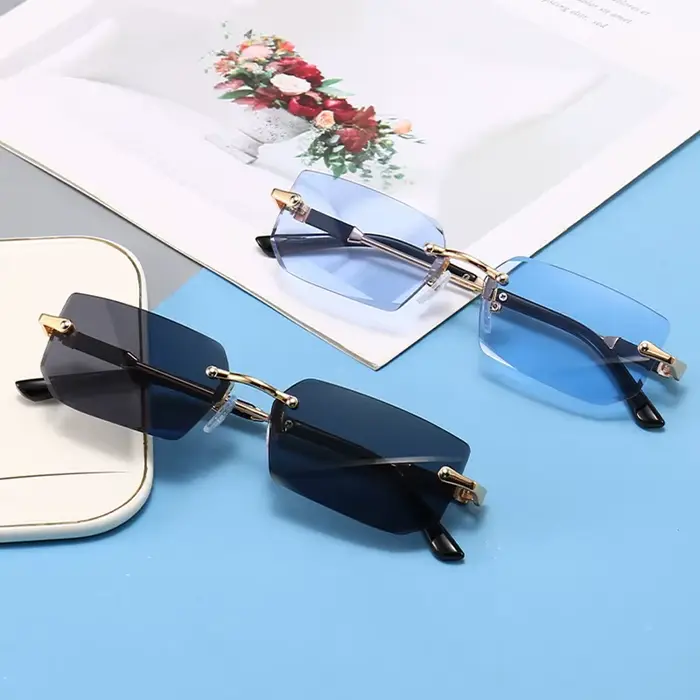 Lunettes de soleil rectangulaires sans monture tendance pour femmes et hommes – Petites lunettes car