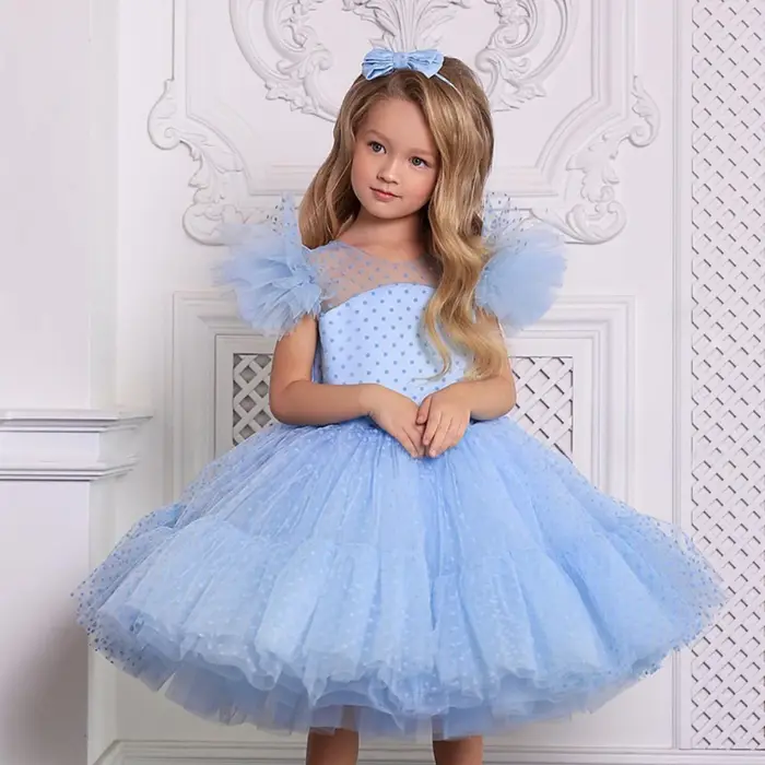 Robes de mariée à fleurs pour filles, bleu ciel, élégantes, col rond, sans manches, à pois, en dente