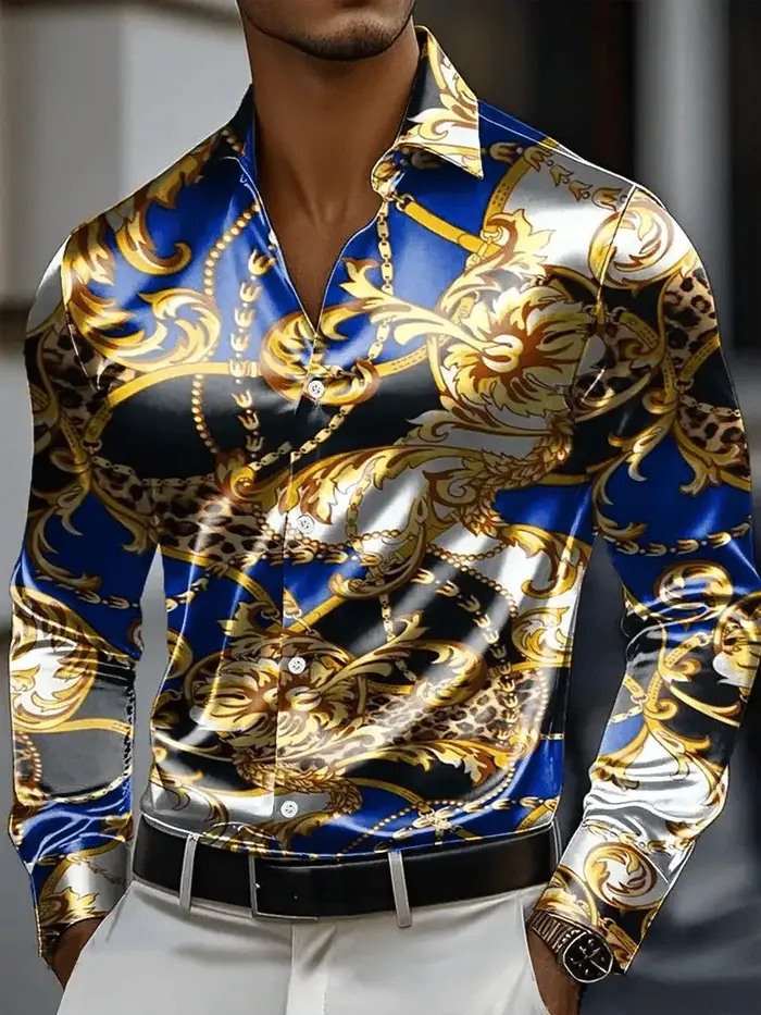 Chemise pour hommes 3D Vintage chaîne impression Polyester tissu extérieur rue à manches longues bou