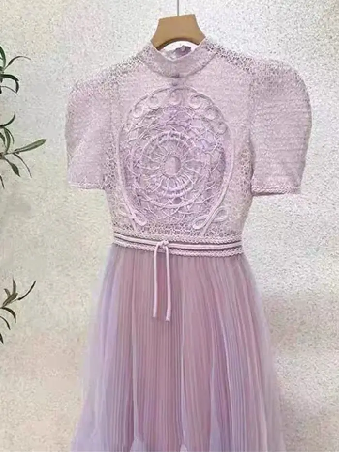 SMTHMA-Robe longue en maille brodée pour femme, col rond, manches courtes, patchwork, robes élégante