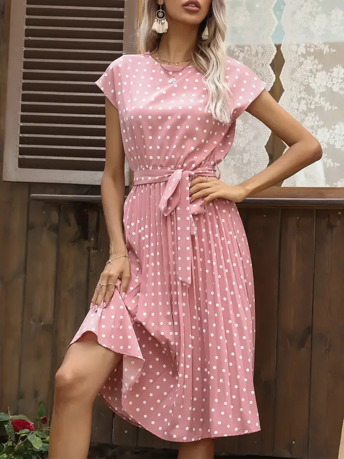 Benuynffy-Robe trapèze ceinturée à pois pour femmes, col rond, manches cape, longueur genou, froncée