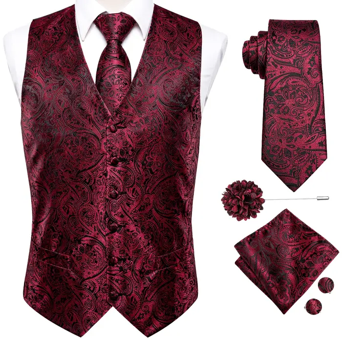 Ensemble de gilet jacquard, cravate, pochette, boutons de manchette et broche pour homme, pour costu