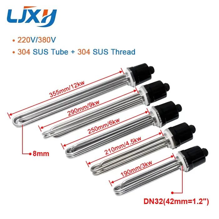 LJXH 304 acier inoxydable 220V/380V DN32(41mm) élément chauffant d'eau tubulaire 3KW/4.5KW/6KW/9KW/1