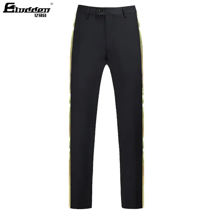 Pantalon de costume noir pour hommes, garniture en cuir doré, décontracté, formel, pour le bureau, é